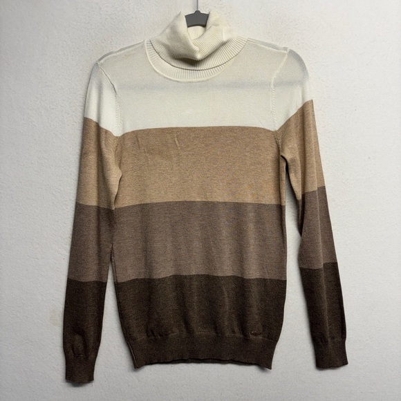 Calvin Klein Nude Tan Brown Cream Turtleneck Sweater Striped Color Block S - Picture 1 of 7